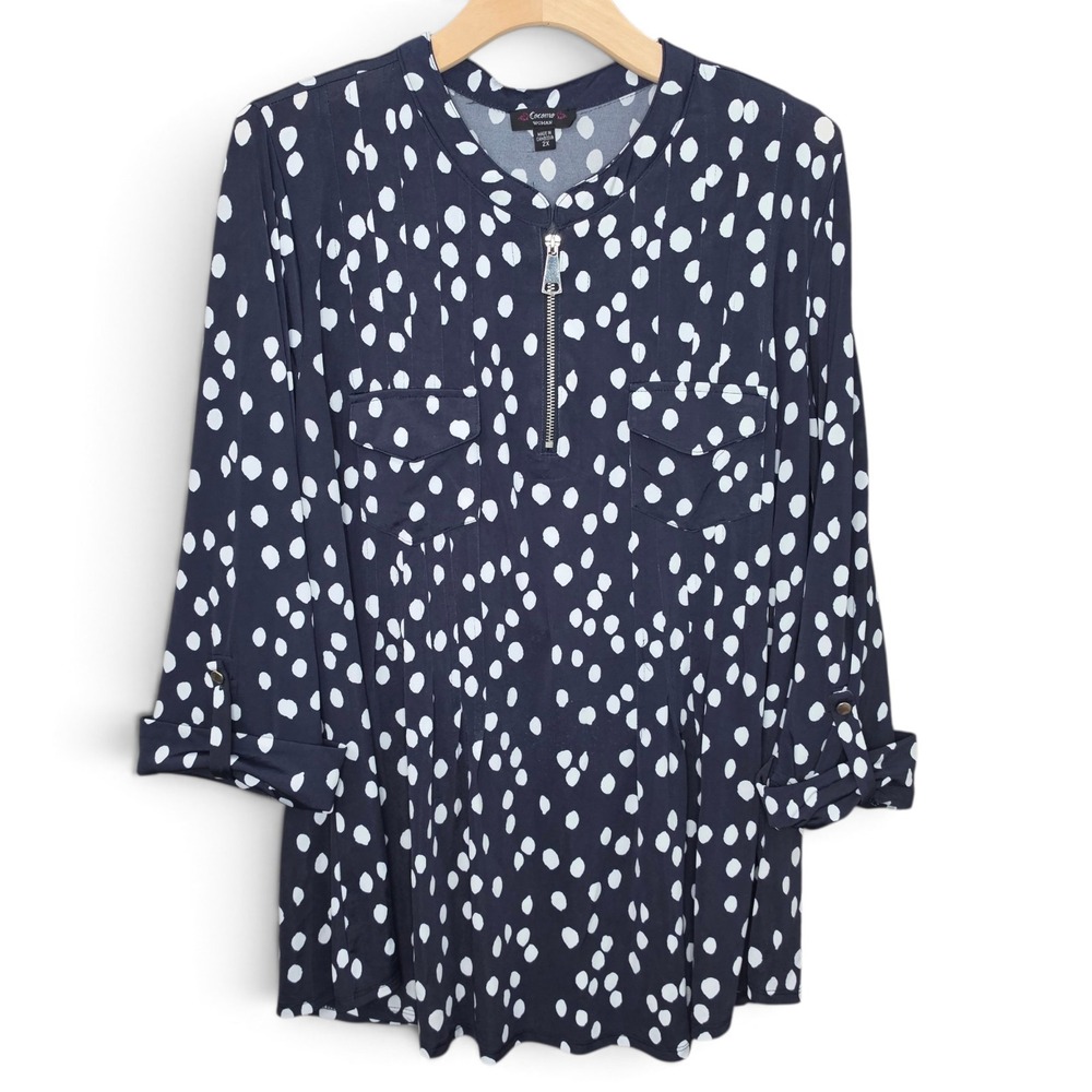 Cocomo Top Womens Plus 2X Navy Blue Polka Dot 1/4 Zip Roll Tab Sleeve Tunic